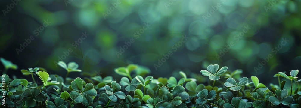 Group of Four Leaf Clovers With Blurry Background - obrazy, fototapety, plakaty 