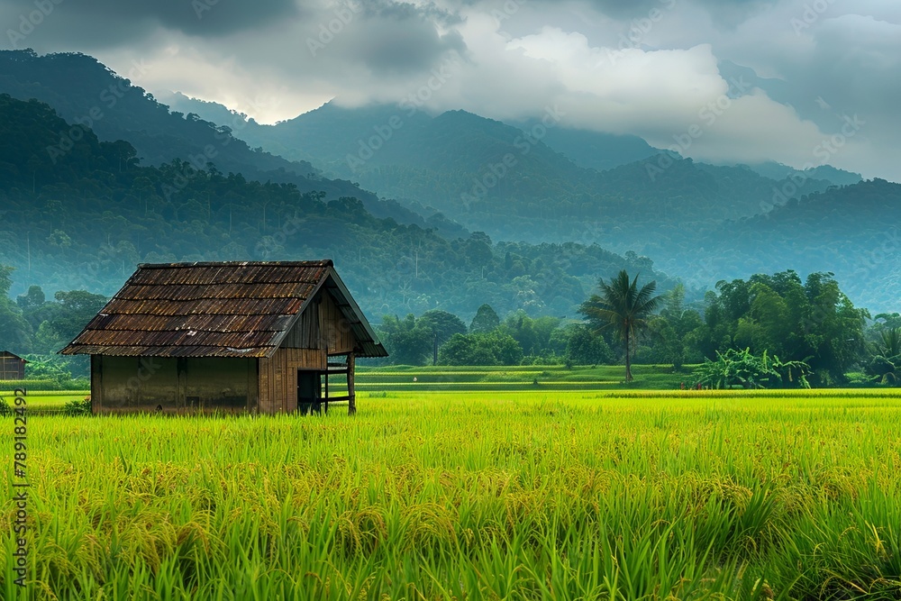 A small hut in the middle of a green field. A small hut in the middle of a green field.