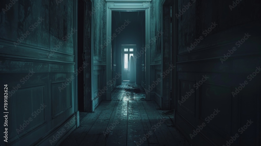 A dimly lit old mansion hallway, with a ghostly silhouette at the end, evoking haunted tales A dimly lit old mansion hallway, with a ghostly silhouette at the end, evoking haunted tales