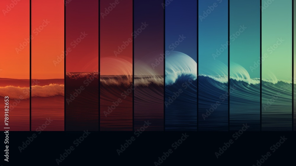 poster with montages of surf images with colored gradient perpendicular lines - obrazy, fototapety, plakaty 