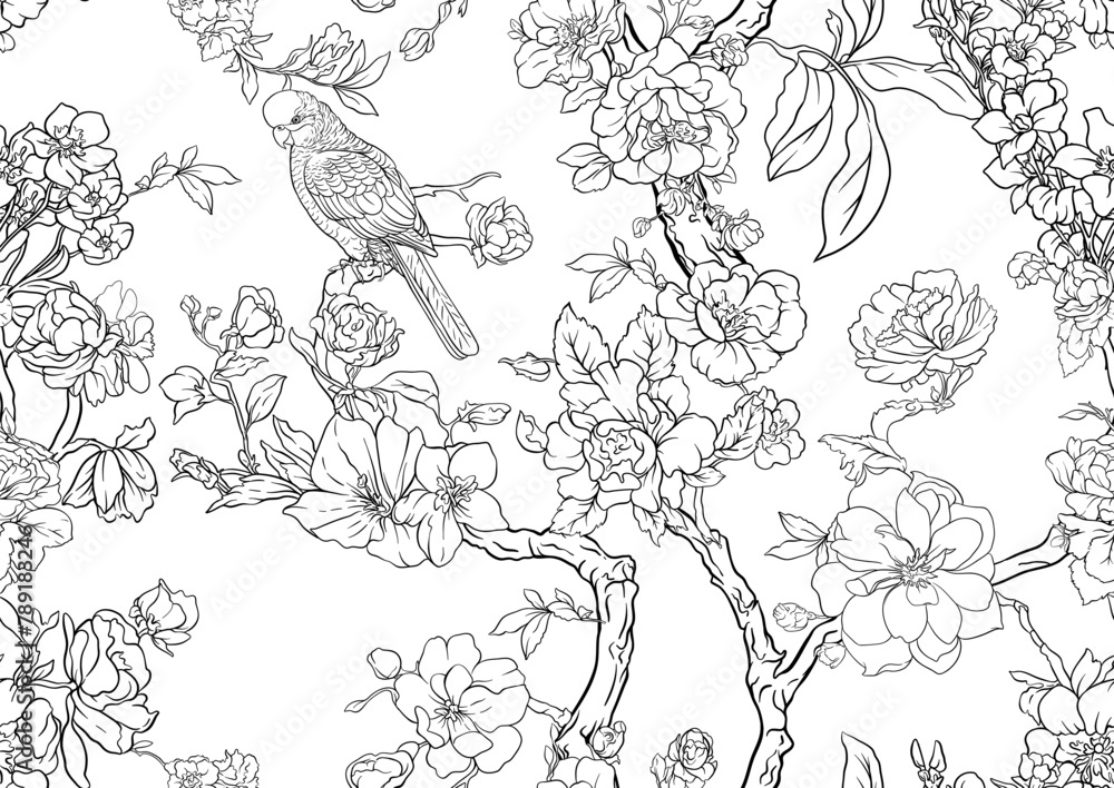 Fototapeta premium Blossom trees with sparrow and parrots Seamless pattern, background. Outline Vector illustration. In Chinoiserie, botanical style