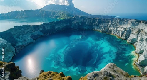 beautiful views of volcanic craters that are no longer active and filled with blue water footage photo
