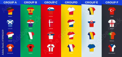 Jerseys collection of participants of european football tournament sorted by group. photo