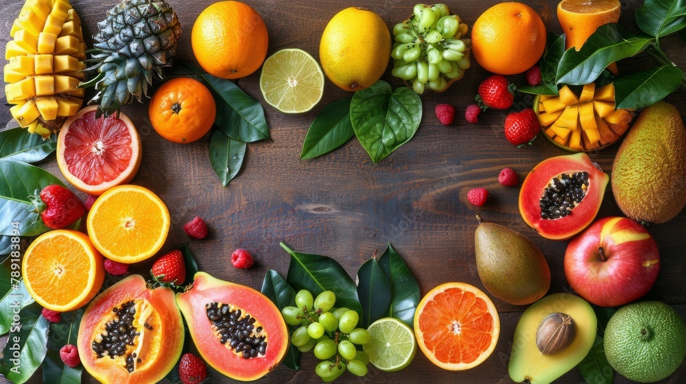 Variety of Fruits Arranged on Wooden Surface Variety of Fruits Arranged on Wooden Surface