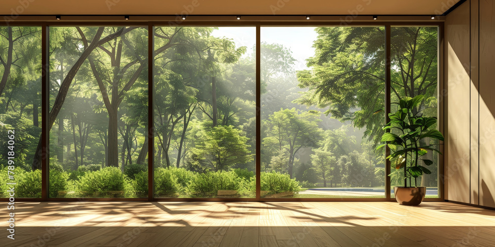 empty room with window with view on green forest landscape in minimalist room with wooden floor and beige wall empty room with window with view on green forest landscape in minimalist room with wooden floor and beige wall