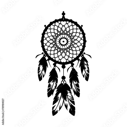 Dream catcher decorated with feathers and beads. Hand drawn vector illustration. Silhouette.
