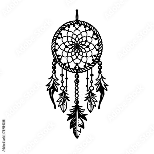 Dream catcher decorated with feathers and beads. Hand drawn vector illustration. Silhouette.
