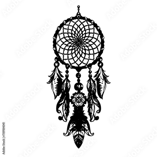 Dream catcher decorated with feathers and beads. Hand drawn vector illustration. Silhouette.
