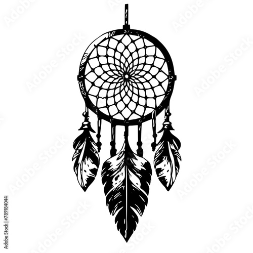 Dream catcher decorated with feathers and beads. Hand drawn vector illustration. Silhouette.
