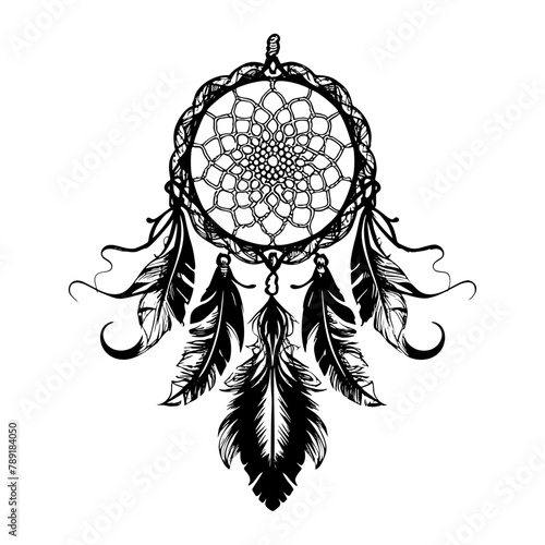 Dream catcher decorated with feathers and beads. Hand drawn vector illustration. Silhouette.
