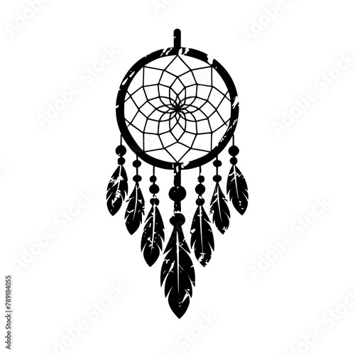 Dream catcher decorated with feathers and beads. Hand drawn vector illustration. Silhouette.
