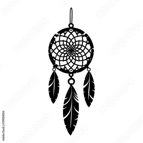Dream catcher decorated with feathers and beads. Hand drawn vector illustration. Silhouette.
