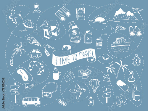 Time to travel. Icon set of elements for summer vacation travel, hand drawn vector doodles in line style. Line contour  in sketch style.