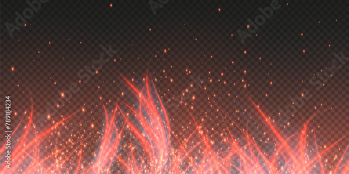 Burning hot sparks effect with embers burning ash and smoke flying in the air. Burning glowing particles. Flame of fire with sparks isolated on a black transparent background. Flame png.