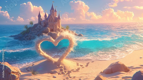 A cartoon heart building a sandcastle on the beach, only for waves to wash it away , 3d style photo
