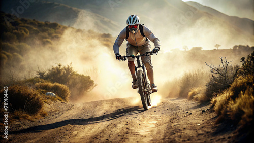 Downhill mountain bike riding on dusty, dirty trail