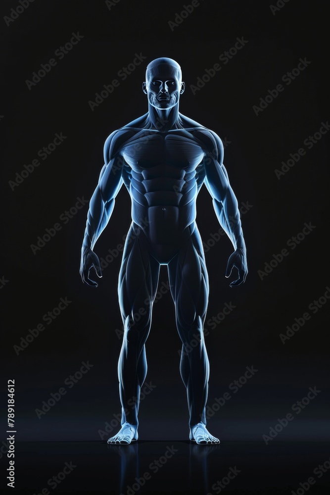 Glowing hologram of human body 3D structure with dark background. Glowing hologram of human body 3D structure with dark background.