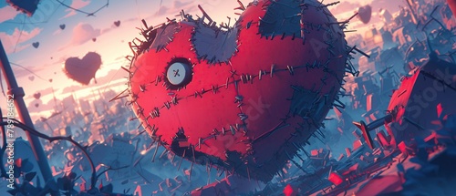 A cartoon heart trying to sew itself back together with oversized, clumsy stitches , close-up