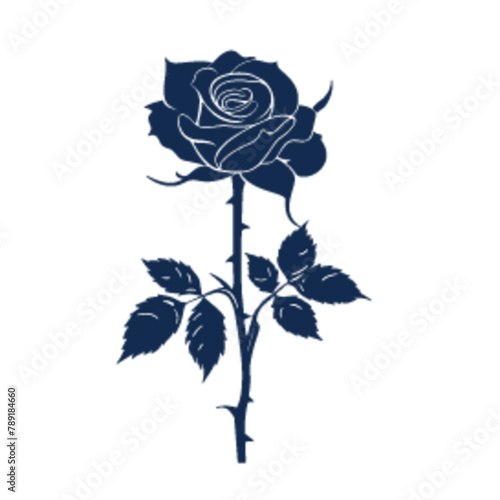silhouette of a blue rose with thorns and stem