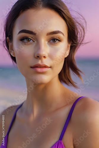 Female in purple swimwear enjoying the beach.