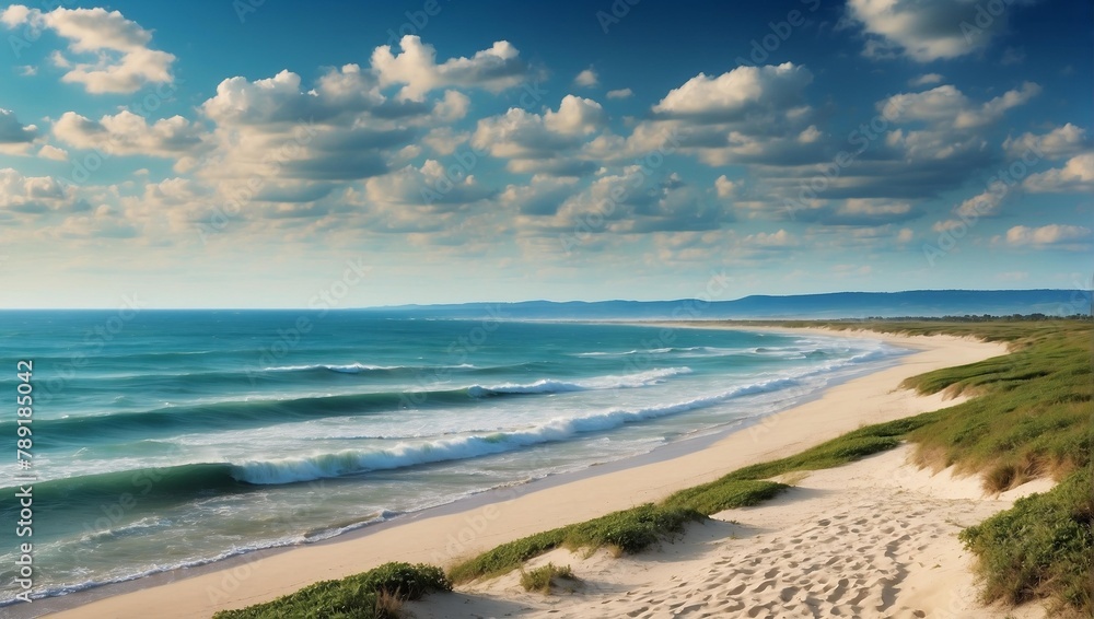 Paysage de plage avec grand ciel bleu et saisons