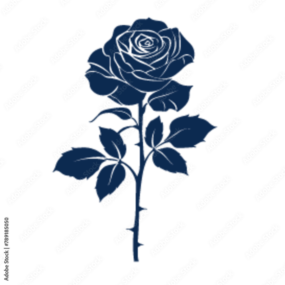 Simple blue rose outline with visible thorns and stem Simple blue rose outline with visible thorns and stem