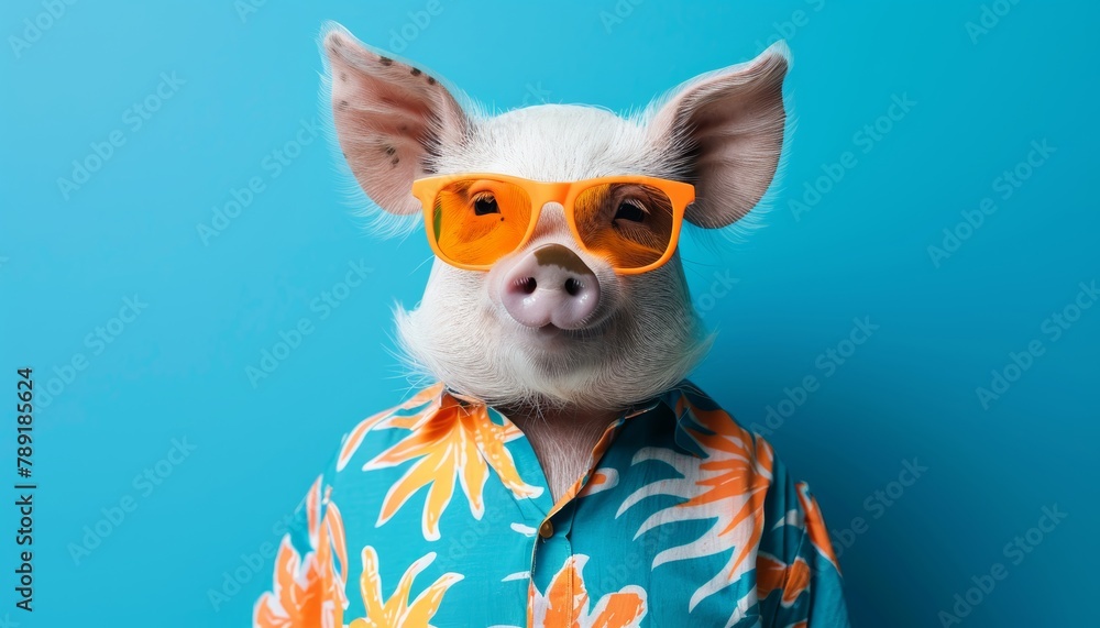 Trendsetting pig adorned in a vibrant hawaiian shirt and fashionable orange sunglasses - obrazy, fototapety, plakaty 