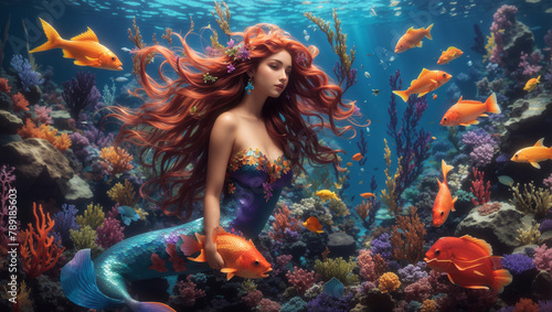 A mermaid swimming in a coral reef with many colorful fish.