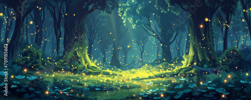 A magical forest bathed in the soft glow of fireflies, with towering trees and a carpet of moss underfoot. Vector flat minimalistic isolated illustration.