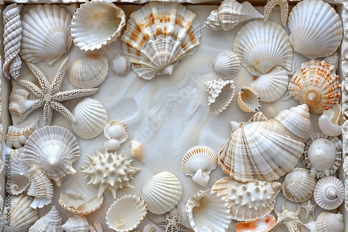 Sea shells framed into segments, all in colors of white and tan, sea urchin shells and mollusks .