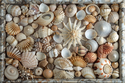 Sea shells framed into segments, all in colors of white and tan, sea urchin shells and mollusks .