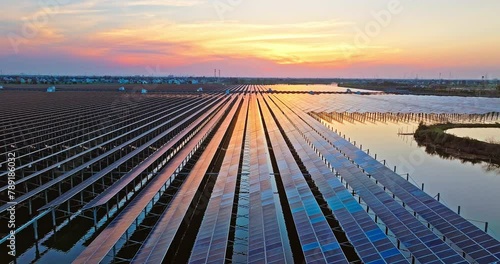 Aerial view of solar power plant in lake photo