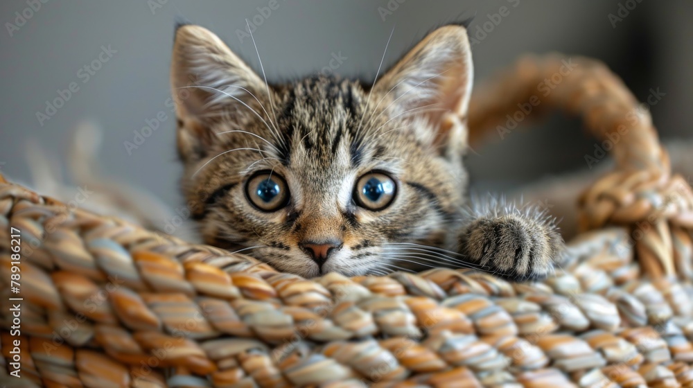 Obraz premium Small Kitten Sitting Inside Woven Basket