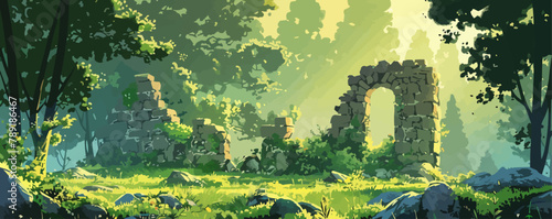 Ruined stone ruins engulfed by greenery, under the light of the setting sun. Vector flat minimalist isolated illustration.