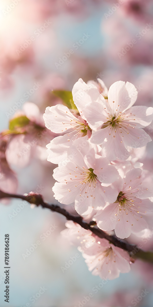 Cherry blossom in full bloom against stark minimalist landscape. Soft spring breeze brings petals to life