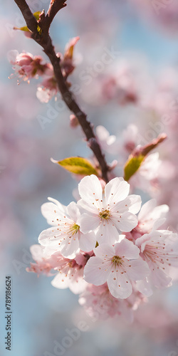 Cherry blossom in full bloom against stark minimalist landscape. Soft spring breeze brings petals to life © karandaev