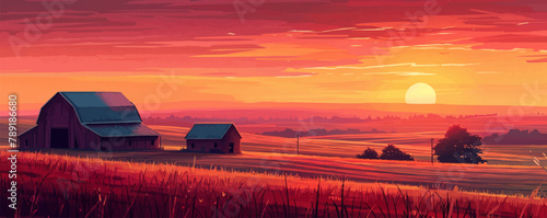 A serene countryside sunrise casting warm hues over rolling farmland and rustic barns. Vector flat minimalistic isolated illustration.
