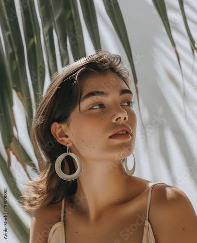 Woman Standing Under Palm Tree With Large Earrings