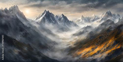 Fog obscuring the peaks of majestic mountains  landscape engulfed in a soft grey mist