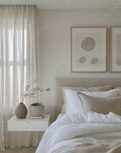 Bedroom With White Bed and Two Pictures on Wall