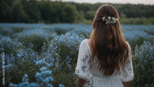 a woman standing in a field of flowers with a flower crown photo