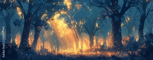 A mystical forest glade illuminated by shafts of golden sunlight filtering through the trees. Vector flat minimalistic isolated illustration.