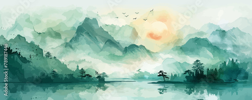 landscape mountain on Green background. Traditional watercolor oriental, Japanese style. Vector illustration #789187448