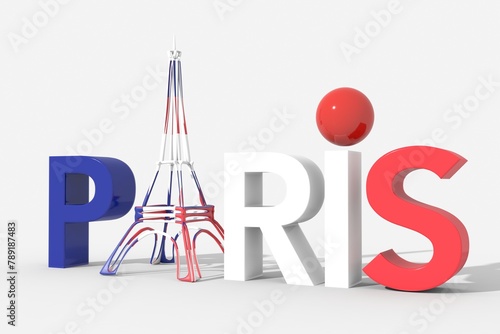 Testo 3D PARIS con simbolo torre Eiffel e colori bandiera della Francia