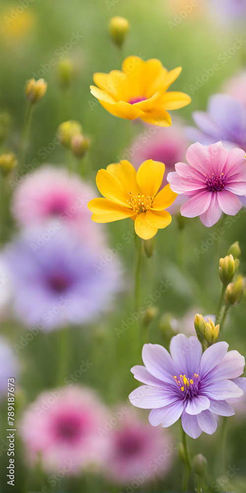 Fototapeta premium Spring flowers emerging gently, a burst of life in a minimalist landscape. Softly out of focus, lending an ethereal charm