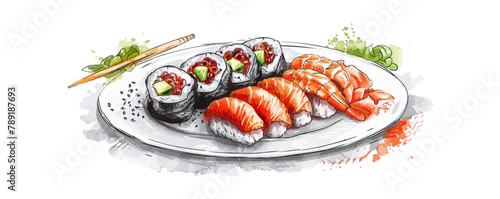 Sushi rolls japanese food hand drawn watercolor illustration