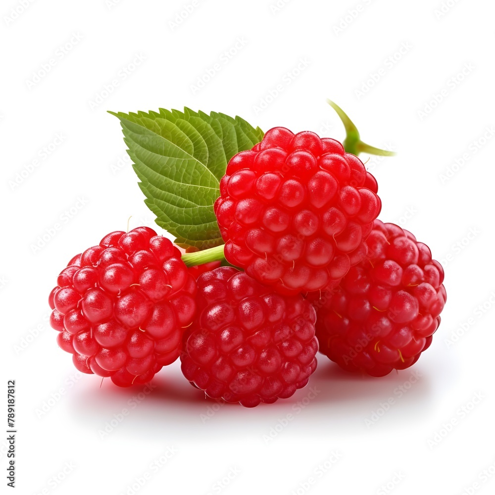 raspberry with leaf on white background