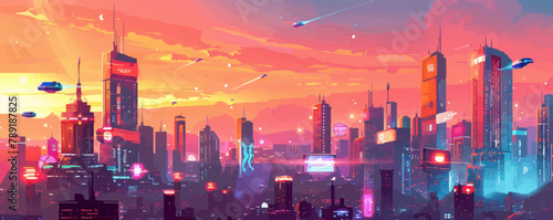 A futuristic city skyline with sleek skyscrapers, holographic advertisements, and bustling flying traffic. Vector flat minimalistic isolated illustration.