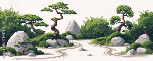 A peaceful Zen garden with carefully raked gravel, moss-covered rocks, and sculpted bonsai trees. Vector flat minimalistic isolated illustration.