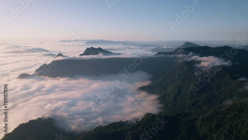 aerial view drone flying over sea of fog at sunrise